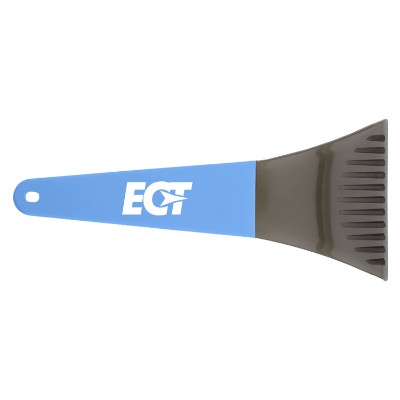 Teal and clear 11-1/2-in. plastic ice scraper with personalized promotional logo.