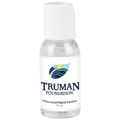 Plastic 1 ounce round bottle unscented hand sanitizer with full color imprint.