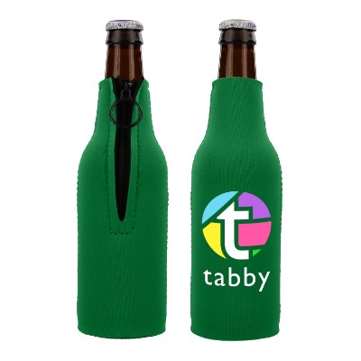 Neoprene bottle cooler with full-color custom logo.