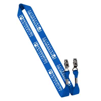 3/4 inch royal blue satin polyester custom lanyard with double bulldog clips.