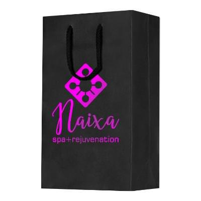 Textured paper 8x13.5 inch black eurotote with foil stamping.