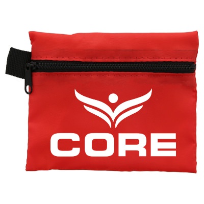 Red polyester first aid kit with a personalized imprint.