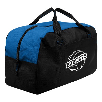 Blue with black accent gym bag with custom white imprint.