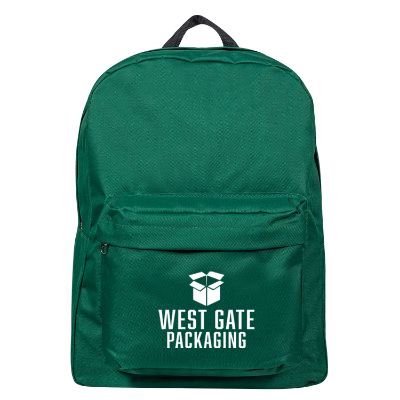Green backpack with custom logo.