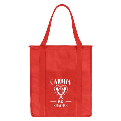 Polypropylene cream insulated grocery tote with branded logo.