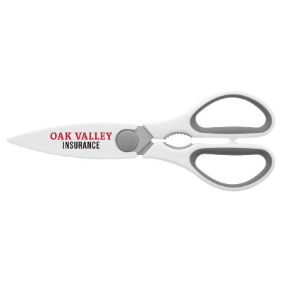 White plastic and metal kitchen scissors with full color logo.
