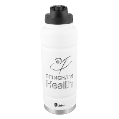 White sports bottle with custom engraved logo in 40 oz.