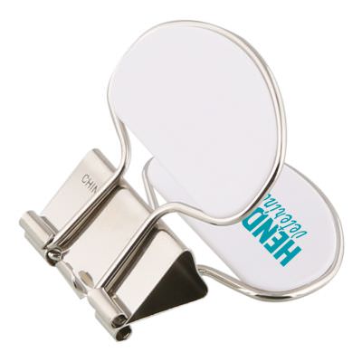 Metal and plastic white binder clip with personalized imprint.
