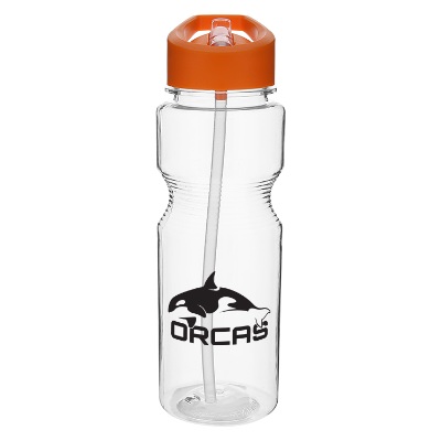 Plastic bottle with orange lid and custom logo.