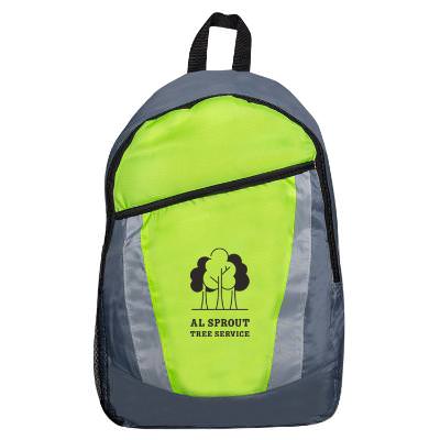 Lime green backpack with custom logo.