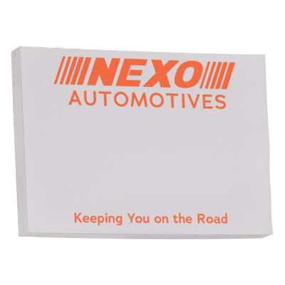 White paper sticky note with a customized imprint.