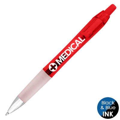 Plastic red pen with a custom logo.