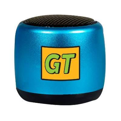 Blue plastic speaker with a custom logo.
