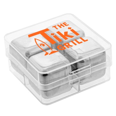 Stainless ice cube with custom logo.