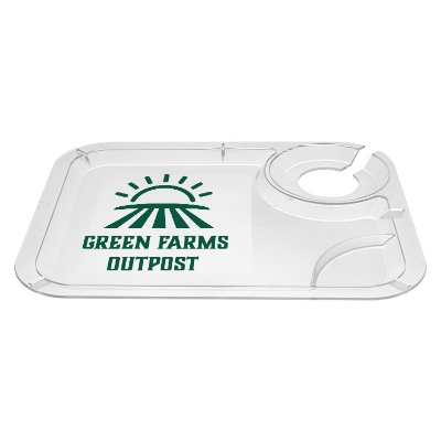 Clear crystal styrene snack tray with custom imprint.