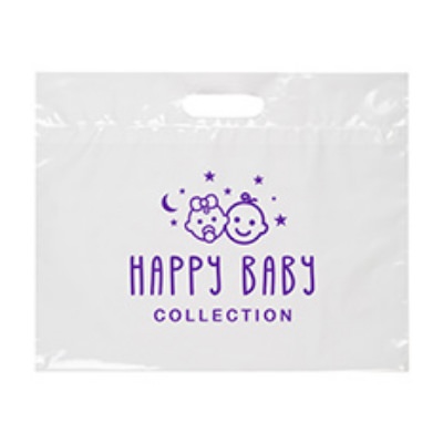 Plastic white wide die cut recyclable bag with logo.