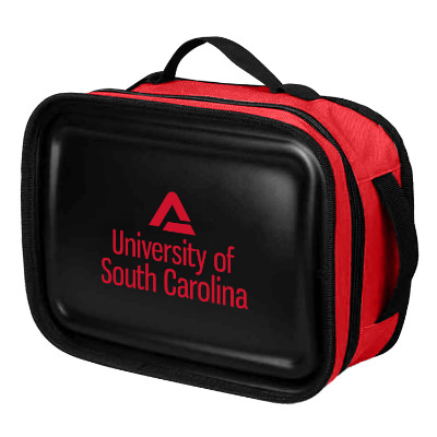 Red polyester cooler with a personalized imprint.