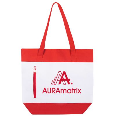 Polyester red flashy color tote with customized imprint.