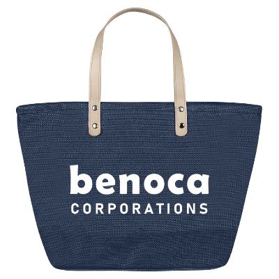 Laminated jute red tote with printed logo.