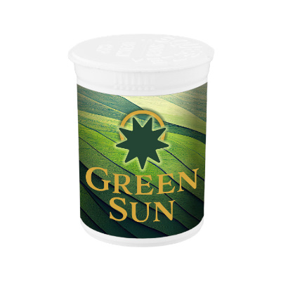 White vial with custom full color logo on label.