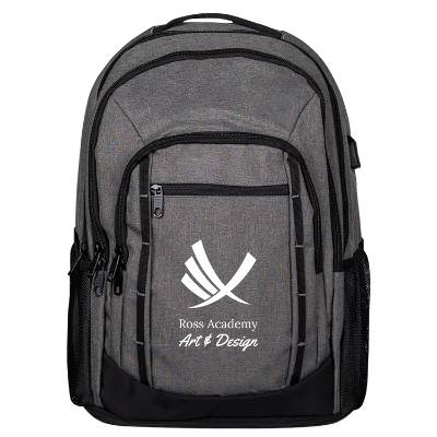 Gray backpack with custom logo.