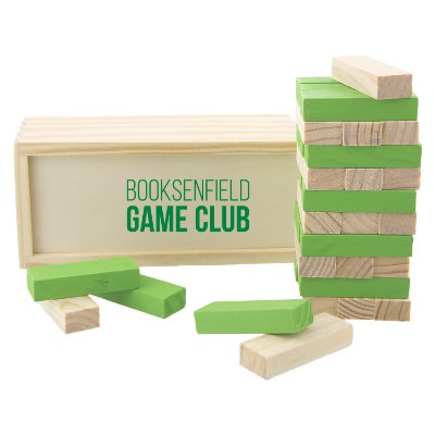 Wooden tower puzzle with custom one color promotional logo.