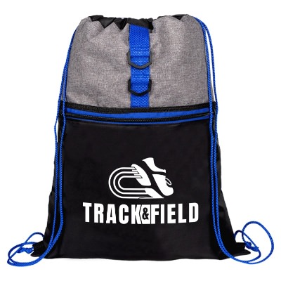 Black with blue accented drawstring bag with custom imprint.