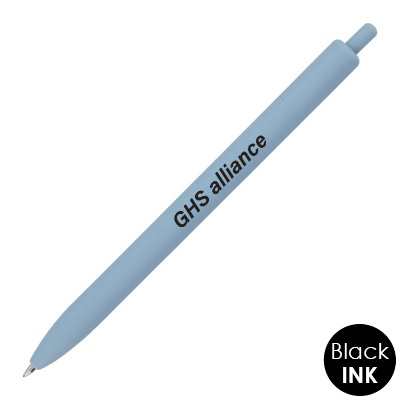 Blue plastic pen with a custom imprint.