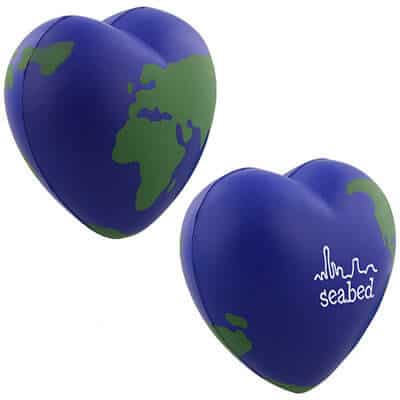 Foam earth heart stress ball with personalized logo.