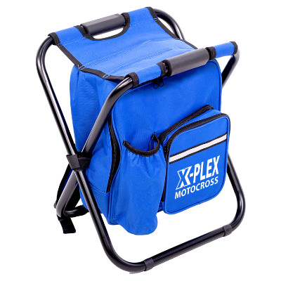 Blue polyester chair with a custom logo.