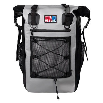 Gray tarpaulin cooler with a personalized imprint.