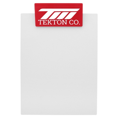 Red polystyrene clipboard with a personalized logo.