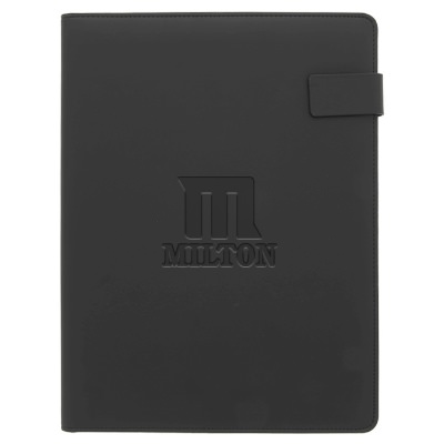 Black leeman tuscany tech padfolio with custom debossed imprint.