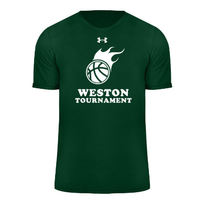 Custom logo on forest green with white t-shirt.