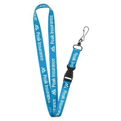 3/4 inch purple satin polyester custom lanyard with buckle release and black j-hook.