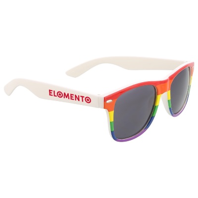 Rainbow striped sunglasses with custom one color imprint.