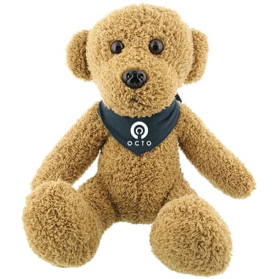 Plush and cotton bear with navy bandana with custom imprint.
