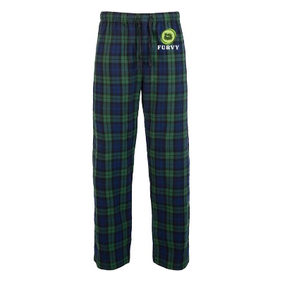 Forest green with team navy black watch plaid flannel pant with custom full color imprint.