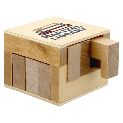 Wood cube puzzle with full color promotional logo.