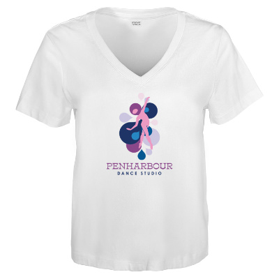 White womens tee with personalized full color logo.