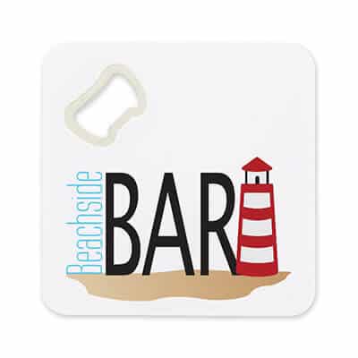 Plastic white square with metal bottle opener full color branded.