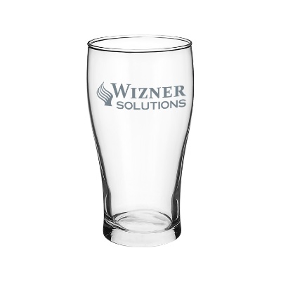 Glass clear beer glass with custom imprint in 16 ounces.