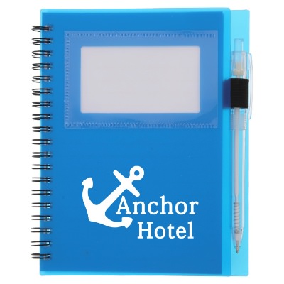 Blue recycled star spiral notebook with pen and personalized logo.