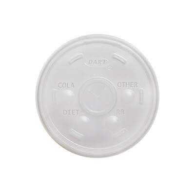 Translucent plastic lid with straw slot.