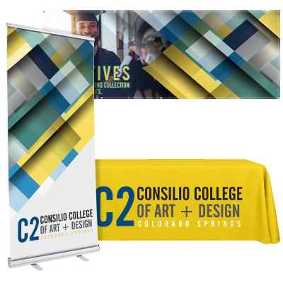 Custom polyester table cover, 33.5 inch custom banner stand and 3 feet by 8 feet banner trade show package.