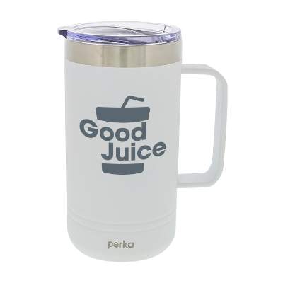 White tumbler with handle and custom imprint.