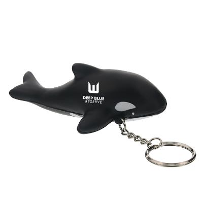 Foam killer whale stress reliever key ring branded with logo.
