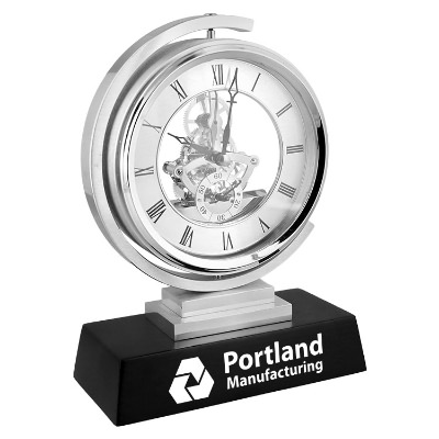 Silver wood clock with a custom logo.