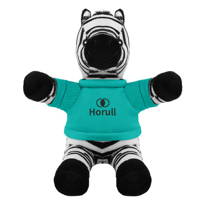 Plush and cotton zebra with a teal t-shirt with a personalized logo.