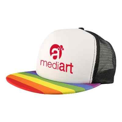 Logoed rainbow trucker hat.